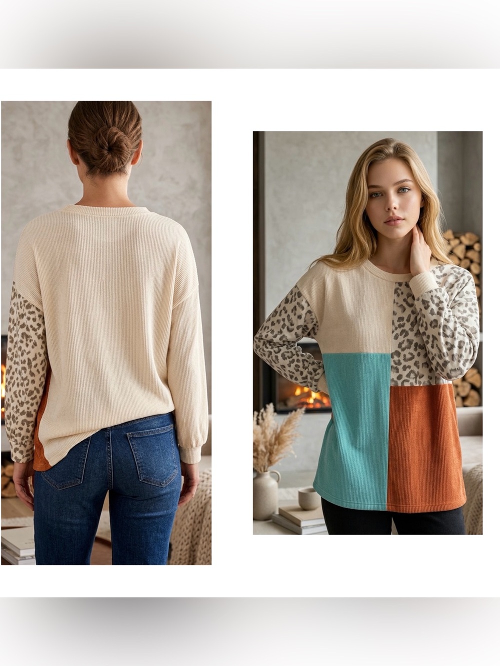 Colorblock Leopard patchwork mixed media Women Sz Small Pullover knit sweater